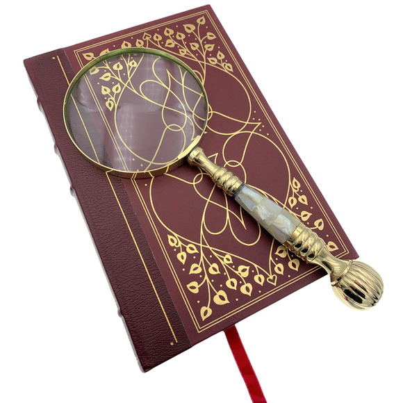 EVENCHAE Mother of Pearl & Brass Magnifying Glass, 4X Magnifier, 4"W Lens, 10"L - Picture 5 of 7